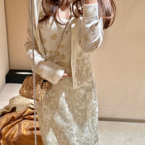 Butterfly Golden Brocade Cream Midi Skirt - Picture 4 of 7